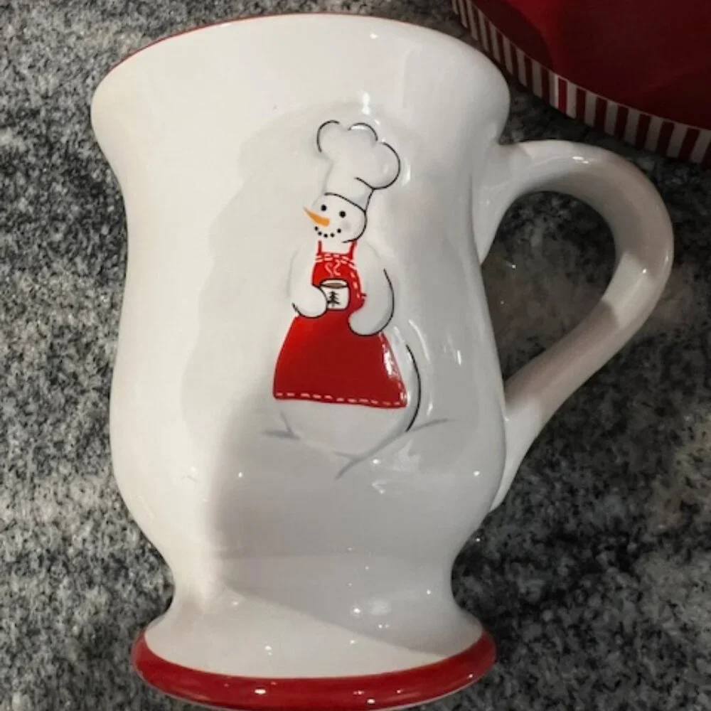 4 Williams Sonoma Snowman Chef Mugs, retired holiday pattern snowman chefs & box